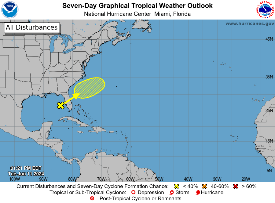 2PM EDT June 11: A broad area of low pressure over the eastern Gulf of Mexico is producing heavy rainfall across portions of Florida and there is a low chance of tropical development offshore the U.S Southeast coast later this week. For more info, visit hurricanes.gov