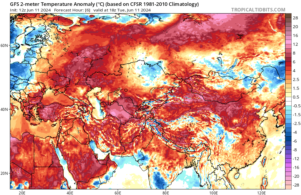 STAGGERING EXTREME HEAT ALLOVER ASIA from Middle East to Korea
49C in Saudi Arabia,45C in Central Asia/former USRR (minimums >30C!),45C in China,47C in India (mins up to 33C)...
Impressive anomalies in millions of square km and it will get worse.
50C possible in Israel next days.