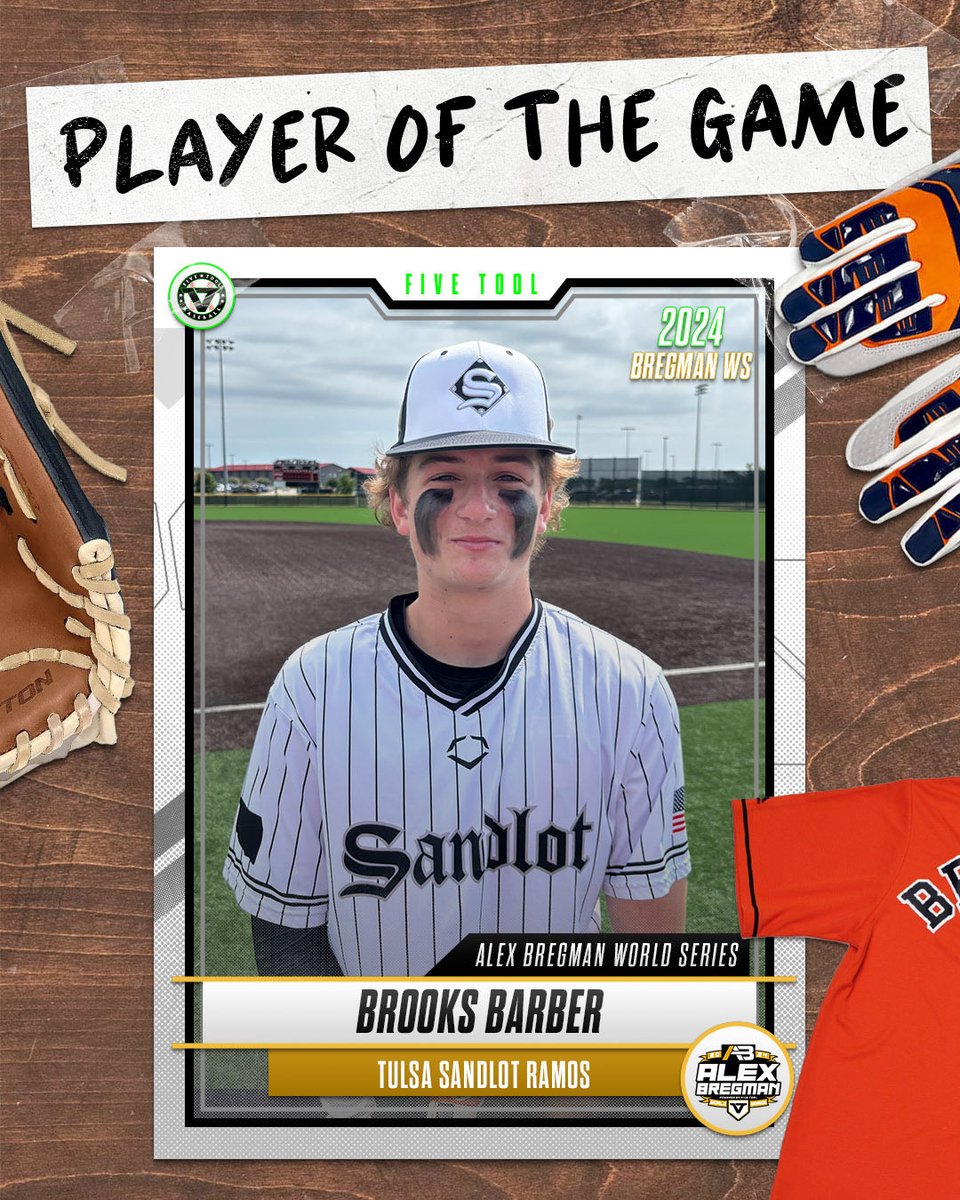 #BregmanWS F: <a href="/Sandlot_Tulsa/">Sandlot Baseball</a> Ramos 3, Red River 2027 Elting 1
PoG: Brooks Barber 5 IP, 2H, 3 BB, 0R, 8K / 2-2
Hitter: Tony Vaughn 2-2, 2 RBI