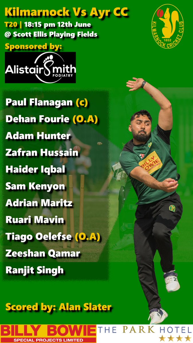 Tomorrow the 1st XI resume their McCulloch Cup campaign, searching for the extra points that will take them into the quarter-finals.

Here's how we line up vs <a href="/ayrcc/">Ayr Cricket Club</a>.

Thanks to match sponsor Alistair Smith Podiatry, as well as Club sponsors <a href="/BBTankers/">Billy Bowie Tankers</a> and <a href="/TPHKilmarnock/">The Park Hotel</a>