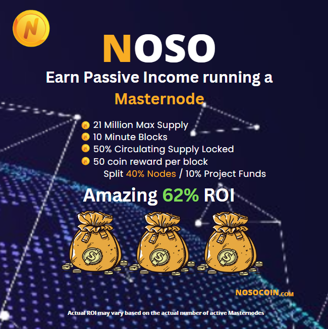 🚀 Amazing 62% ROI with #NOSO! Max supply of 21M, 10-minute blocks, and 50% circulating supply locked. 50 coin block reward splits 40% #masternodes &amp; 10% to project funds. Don't miss out on this opportunity.  #Noso #Btc #PIVX #LTC #DASH #SOL #cryptocurrency #nosoupdate #staking