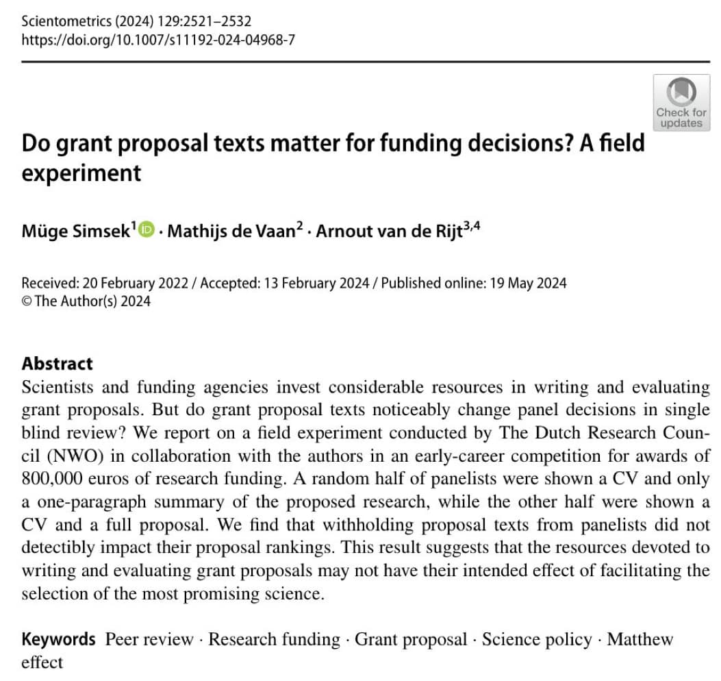 This Dutch study finds that finds that panelists make the same allocations of research fundings even if they don't get to read the actual proposals, just abstracts and CVs. This result *should* have a large impact on science funding policy.
(h/t Thore Husfeldt)