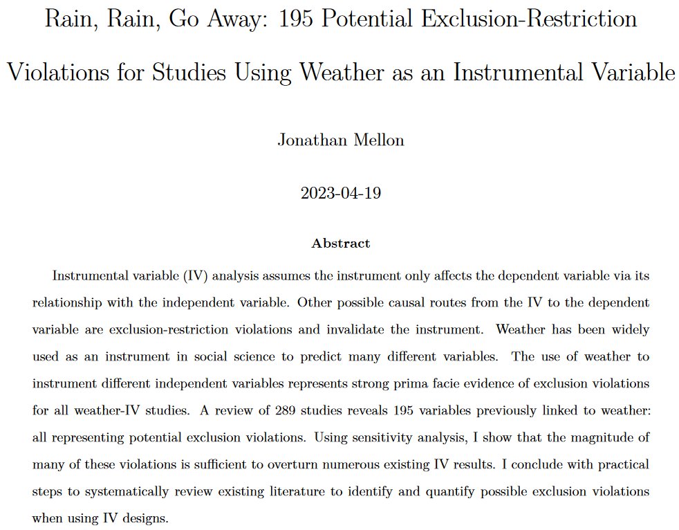 Rainfall as an instrumental variable almost surely violates exclusion restriction assumption authors make. 
Epic figure (😍) shows how many things rainfall is related to
papers.ssrn.com/sol3/papers.cf…