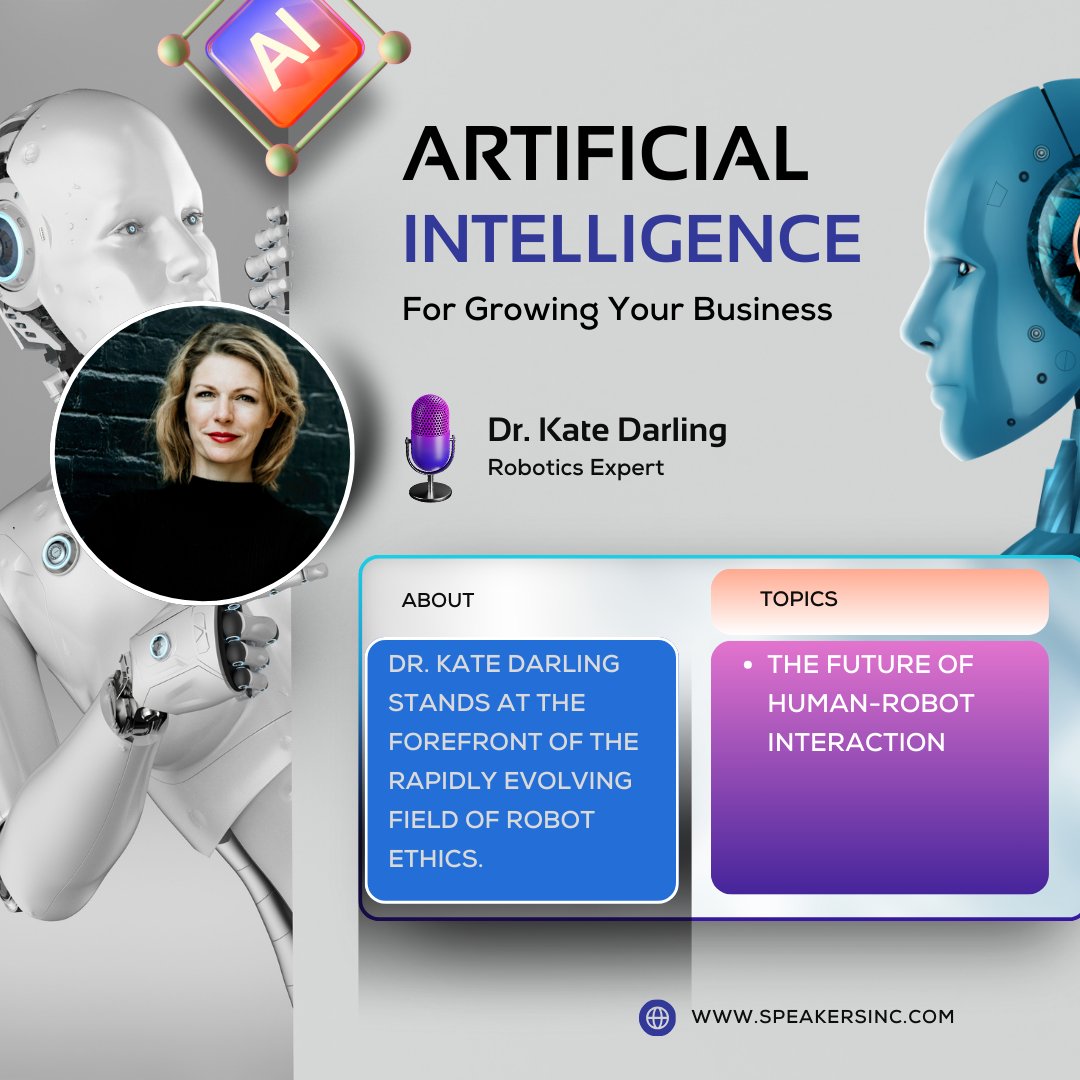 SpeakersincUSA's tweet image. Dr. Kate Darling stands at the forefront of the rapidly evolving field of #RobotEthics, wielding her expertise as a research scientist at the Massachusetts Institute of Technology (MIT) Media Lab.

speakersinc.com/dr-kate-darling