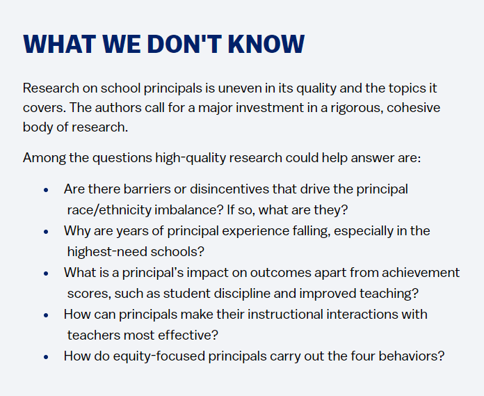 Dr_ConstanceL's tweet photo. @UCEA @DrMoniByrne @UCEAGSC @UCEAJSN @NAESP @NASSP @AASAHQ @icpel @DivA_EdLead @Division_L A5: We make some suggestions about what we don’t know that are ripe for other researchers investigate. : 1) Demographic change and how to equip leaders to serve increasingly diverse student bodies, 2) women in leadership, and 3) principal experience/training. #principalimpact https://t.co/dSxZd3tr2P