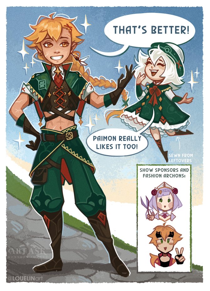 HoYoverse, where are the skins for Travelers?! 😭

I drew this little story before the appearance of Chiori, so the role of fashion designers went to Thoma and Noelle! 🪡 🧵✨

#GenshinImpact #Aether #Paimon #Katheryne #fanart