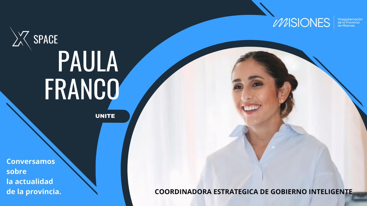 Hoy a las 21:00hs, conversamos sobre la actualidad de la provincia de Misiones con <a href="/paulafrancook/">Paula Franco</a>, Coordinadora Estratégica de Gobierno Inteligente 🚀

Unite! ✅

x.com/i/spaces/1DXxy…