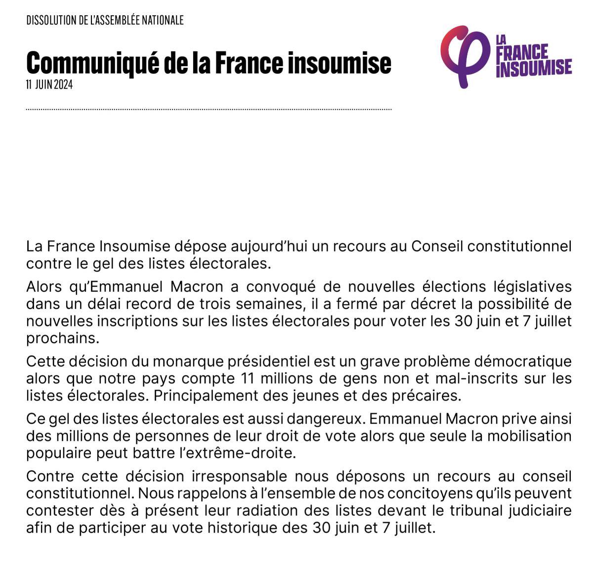 MathildePanot's tweet photo. 🚨 11 millions de personnes sont non ou mal inscrits sur les listes électorales. 

Mais Macron veut une élection sans le peuple.

Nous déposons aujourd’hui un recours au Conseil constitutionnel contre le gel des listes électorales. https://t.co/1gZKyLVeST