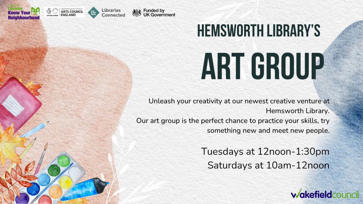 WFlibraries's tweet image. Unleash your creative at our Art Group at #HemsworthLibrary!

-every Tuesday  -12-1:30pm -Hemsworth Library

-every Saturday -10am-12pm -Hemsworth Library

#art #library #crafts #hemsworth #library #Wakefield 

@mywakefield @ouryear2024 @wfmuseums @wakeymumbler