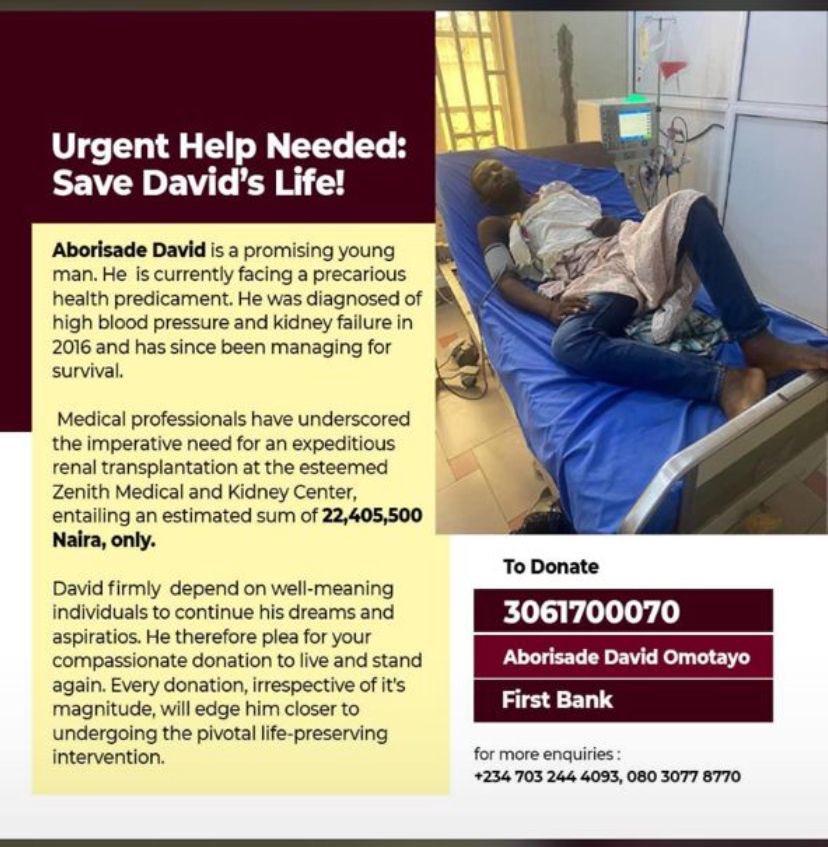 Save a life!!!

We are raising funds to help #SaveDavid 

David is down with kidney failure and we need your help to help David live again! 

Please help donate! And RT 🙏🙏