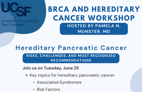 Tuesday, June 25th "Hereditary Pancreatic Cancer: Risks, Challenges, and Most Recognized Recommendations"  | Join Dr. Pamela Munster <a href="/PMunsterMD/">PMunsterMD</a> <a href="/UCSFHospitals/">UCSF Health</a> for the latest <a href="/UCSFCancer/">UCSF Helen Diller Family Comprehensive Cancer Ctr</a> BRCA and Hereditary Cancer Workshop ow.ly/WxKk50SfBEl