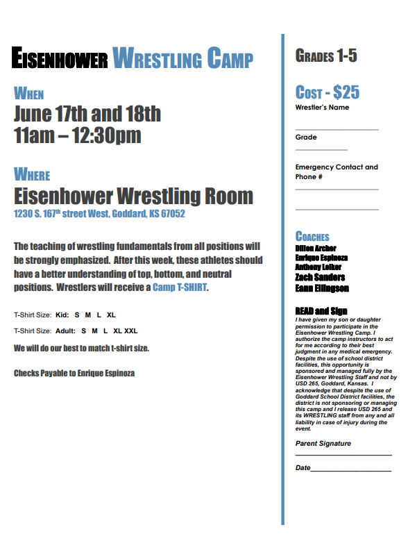 Hey Tiger Nation Families!  IKE Wrestling Camp is coming up for 1st - 5th graders interested in learning more about Wrestling.  See the graphic for all the info.  Bring this form with you on Monday! #tigernationproud