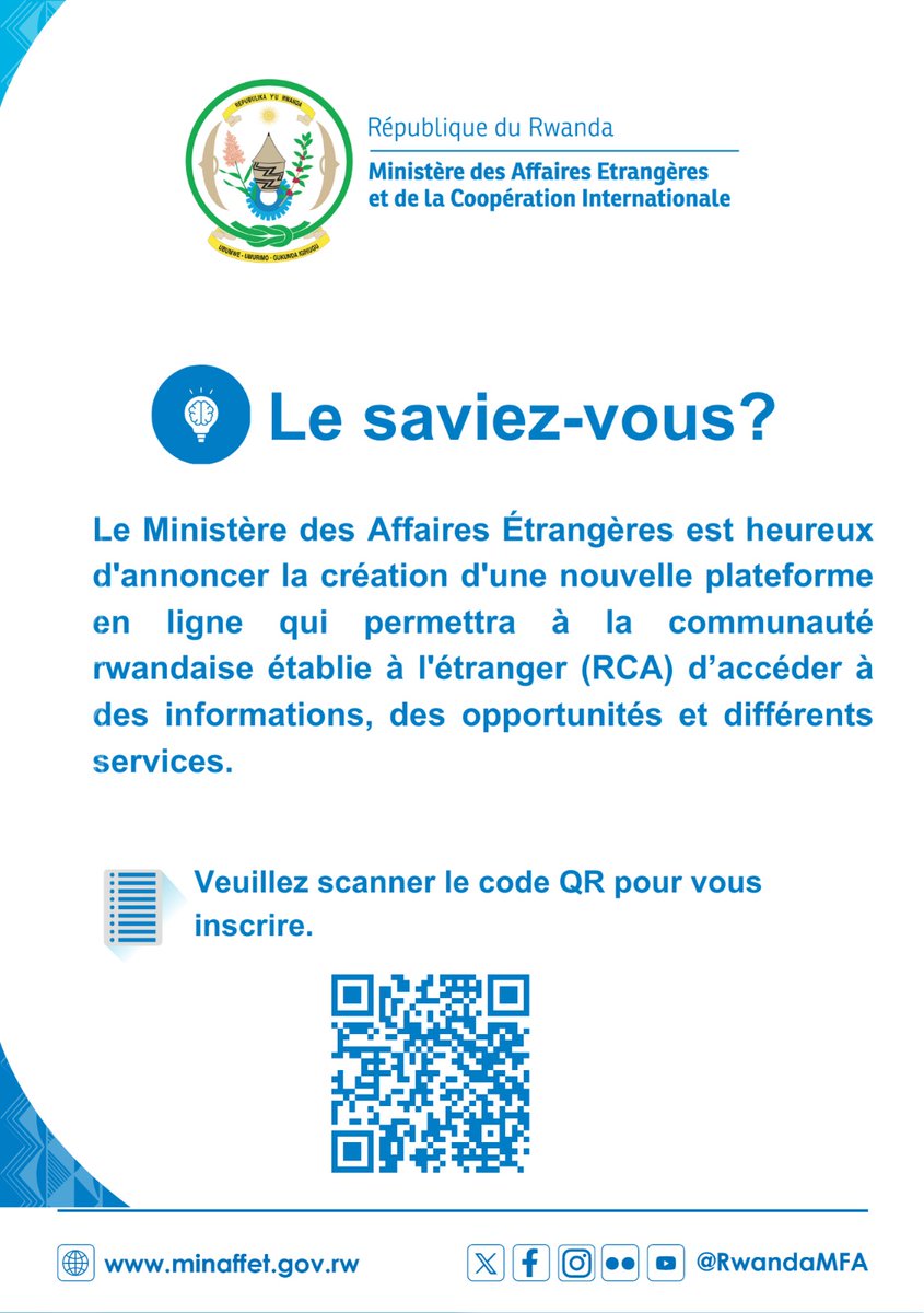 Le Ministère des Affaires Étrangères est heureux d'annoncer la création d'une nouvelle plateforme en ligne qui permettra à la communauté rwandaise établie à l'étranger (RCA) de : 

✅ Accéder aux différents services tels que les cartes consulaires ;
✅ Obtenir des informations