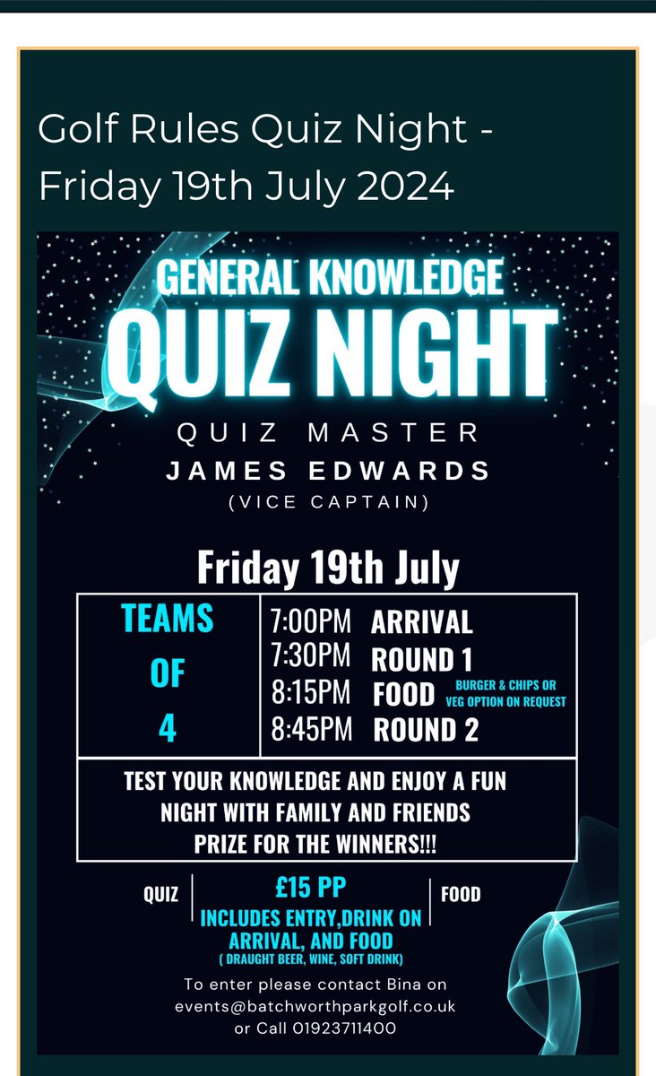 bpgcmenscaptain's tweet photo. Details have just been announced for our Golf Rules Quiz Night on Friday 19th July. £15 entry per person including entry drink and food. Please contact Bina at events@batchworthparkgolfclub.co.uk to enter https://t.co/jnJr9NAiUr