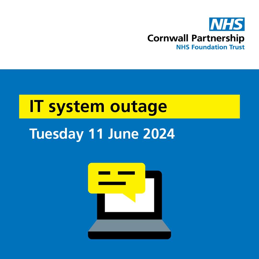 CornwallFT's tweet photo. Our IT systems are coming back online after a network outage earlier today. The work to restore these will continue throughout this evening and overnight. https://t.co/7V99aW6KhV
