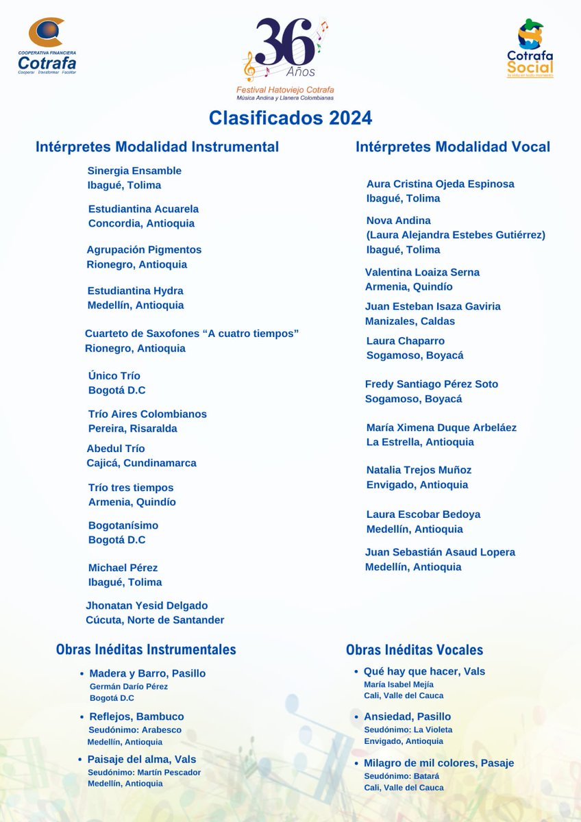 El querido FESTIVAL HATOVIEJO COTRAFA comparte listado oficial de artistas clasificados a la versión 36°, a realizarse en Bello (Ant) entre el  11 y 13 de Julio de 2024.  ¡Felicitaciones a los artistas!  ¡Inicia la cuenta regresiva!  #FestivalHatoviejoCotrafa #mestizajes