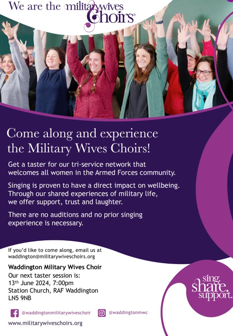 Waddington Military Wives Choir (@waddingtonmwc) on Twitter photo We would love to see you at one of our new member nights, the next one being Thursday 13th June 2024.
For further information please either send us a message or drop us an email at waddington@militarywiveschoirs.org
#singsharesupport #waddingtonmwc #StrongerTogether We would love to see you at one of our new member nights, the next one being Thursday 13th June 2024.
For further information please either send us a message or drop us an email at waddington@militarywiveschoirs.org
#singsharesupport #waddingtonmwc #StrongerTogether