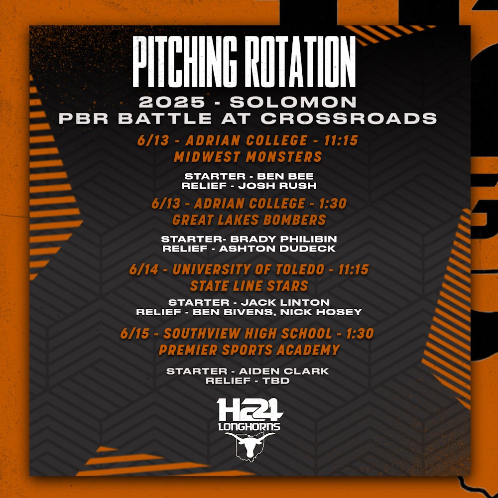 2025 Horns Crew is on the road again this weekend with <a href="/PrepBaseballOH/">Prep Baseball Ohio</a>. 

Pitching Rotation Below. 

<a href="/CoachSolly10/">Jake Solomon</a> <a href="/LincolnHackim/">Lincoln</a>