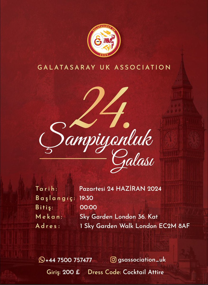 Galatasarayımızın 24. Şampiyonluk kupasını Londra'ya getiriyoruz! Sarısıyla kırmızısıyla festival tadında geçecek bu muhteşem galaya tüm taraftarlarımızı bekliyoruz. Biletlerimiz sınırlı sayıdadır #ŞampiyonGalatasaray #LondonGalaDay