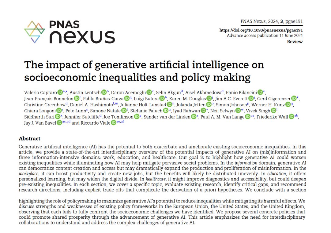 ValerioCapraro's tweet image. Finally out! 🚀
Check out our open-access review on how generative AI can both exacerbate and ameliorate socioeconomic inequalities in information, work, education, and healthcare. We also discuss policies that could help reduce these inequalities while mitigating harmful…