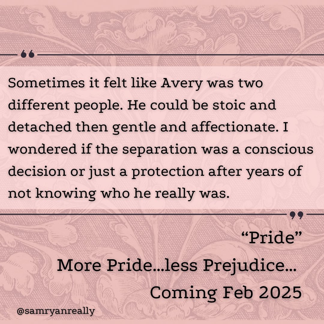 samryanreally's tweet photo. It’s hard to believe that next Pride I’ll be able to celebrate with my novel in my hands! I cannot wait for the world to meet Ben and Avery. “Pride” arrives 2-4-25. 
#pride #prideandprejudice #lgbtqbooks #readqueerbooks #author https://t.co/5DzOckBoWu