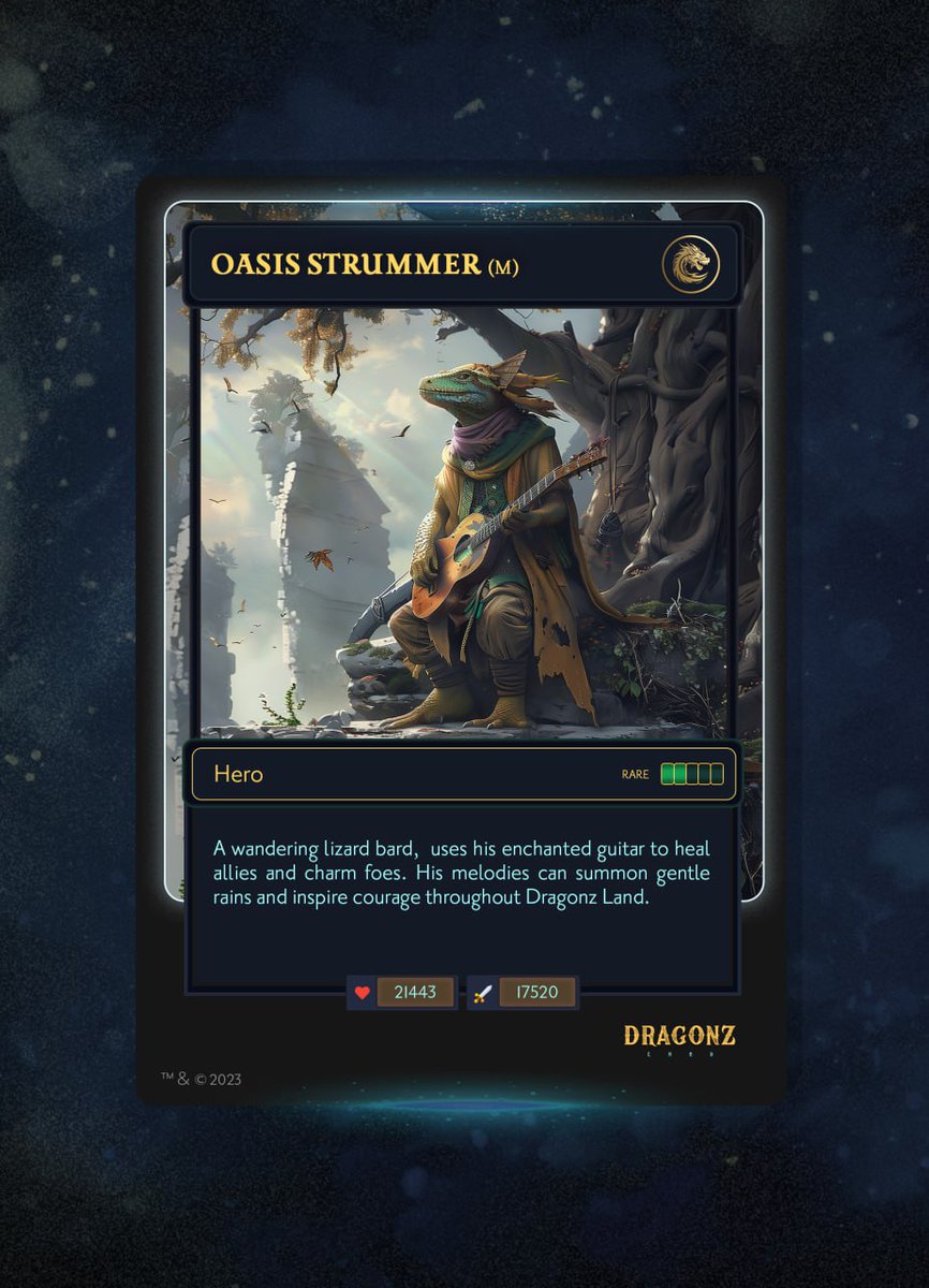 Dragonz Land (@dragonzlandx) on Twitter photo 🐉 Introducing Oasis Strummer! (<a href="/0asisgallery/">0asis Gallery</a>)
A wandering lizard bard, uses his enchanted guitar to heal allies and charm foes. His melodies can summon gentle rains and inspire courage throughout Dragonz Land.
Join our Dragonz Land Bot 👉 t.me/dragonz_land_b… 🐉 Introducing Oasis Strummer! (<a href="/0asisgallery/">0asis Gallery</a>)
A wandering lizard bard, uses his enchanted guitar to heal allies and charm foes. His melodies can summon gentle rains and inspire courage throughout Dragonz Land.
Join our Dragonz Land Bot 👉 t.me/dragonz_land_b…
