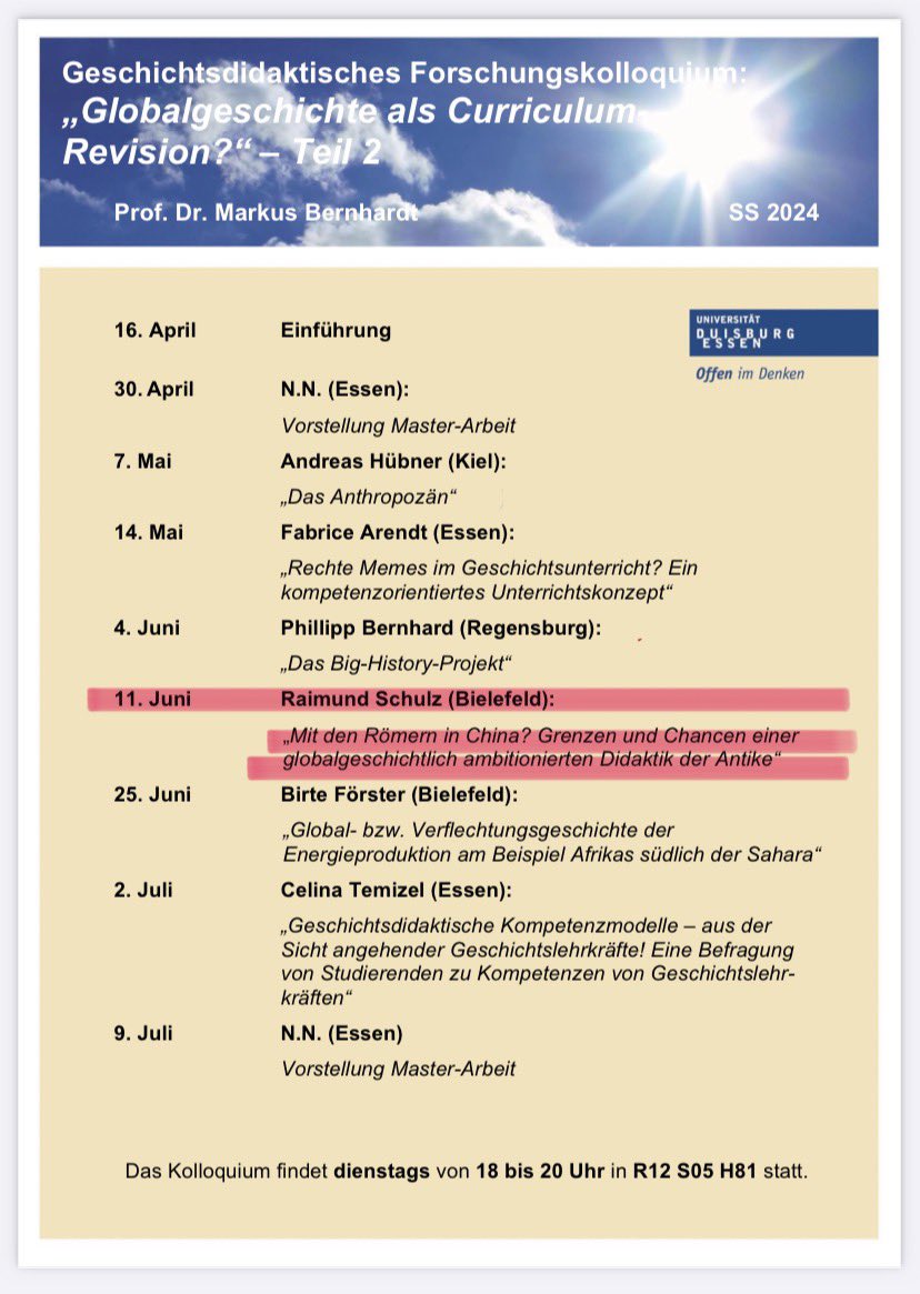 Heute spricht Raimund Schulz im geschichtsdidaktischen Forschungskolloquium über Chancen und Grenzen einer globalgeschichtlich ambitionierten Didaktik der Antike. Wir freuen uns! #gdFoKo