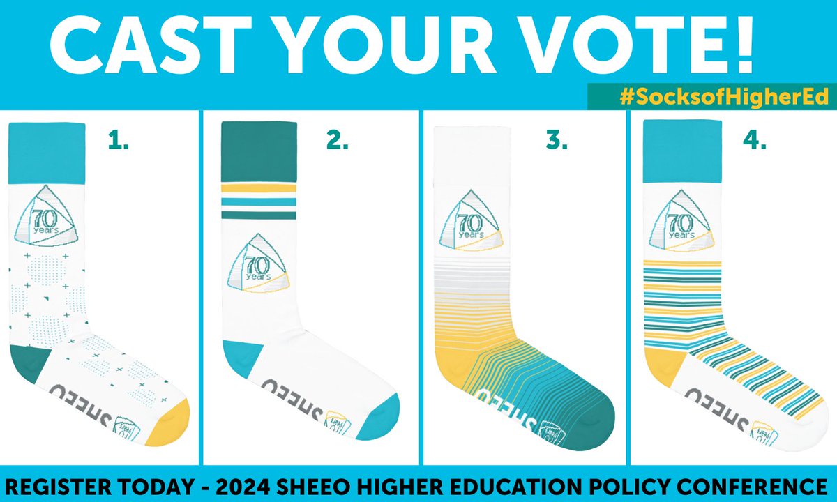 SHEEOed's tweet photo. IT IS TIME!🧦Cast your vote in the next 48 hours for your favorite #socksofhighered design! Answer our poll to help choose this year’s design and join us to celebrate our 70th anniversary at the 2024 Higher Education Policy Conference in Washington, D.C.! https://t.co/J9OtY9VGnB