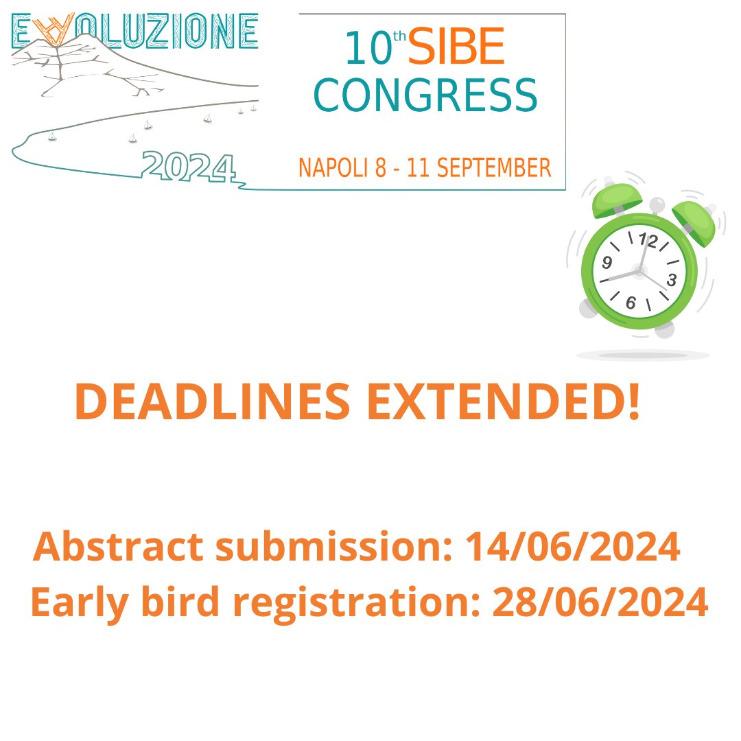 ‼️Deadlines extended ‼️
If you didn't finish your abstract in time (or you totally forgot 😉) you still have until Friday to submit it.

For those just attending #SIBE2024, you have one extra week to register with the early bird fees

#EvolutionaryBiology #BiologiaEvoluzionistica
