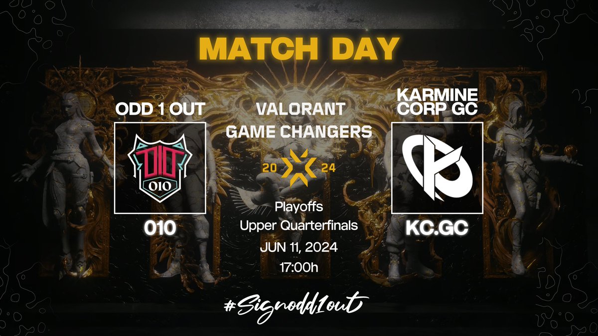 O1O (@odd1out_) on Twitter photo 🔹MATCH DAY🔹
#VCTGameChangersEMEA Stage 2 Playoffs Upper Bracket Quarterfinals
🕔5PM CEST
🆚<a href="/karminecorp/">Karmine Corp</a>
📺twitch.tv/dive_gg
GLHF!🤩
#SignOdd1Out 🔹MATCH DAY🔹
#VCTGameChangersEMEA Stage 2 Playoffs Upper Bracket Quarterfinals
🕔5PM CEST
🆚<a href="/karminecorp/">Karmine Corp</a>
📺twitch.tv/dive_gg
GLHF!🤩
#SignOdd1Out
