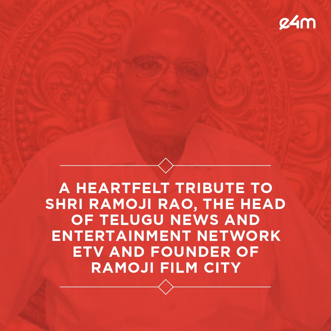 e4mtweets's tweet photo. "Ramoji Rao was one of the rare individuals who left a lasting legacy in the realm of credible journalism." - #MukundSetlur
Industry leaders pay a heartfelt tribute to Padma Vibhushan Shri Ramoji Rao, head of the Telugu news and entertainment network ETV and founder of Ramoji Film City.

Read here:  https://t.co/RcG4oTfa6d

#JagdeeshChandra | #DrKushalSanghvi | #RajeevJalnapurkar | @s_yesudas | @Manojjagyasi | @daibanw18 | #AmbarnathSinha | @editorkumar

#e4m #ramojirao #rip #tribute #industryleaders #media #news