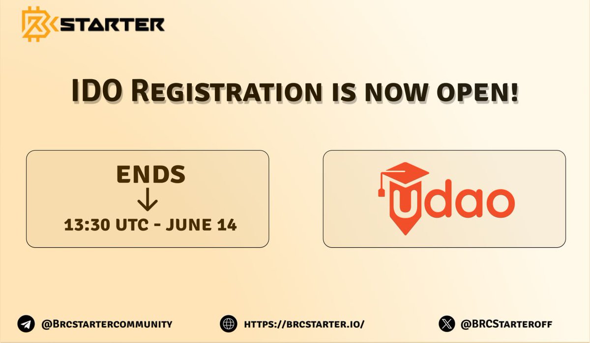 BRCStarters,

The registration for <a href="/udao_official/">udao</a> IDO is now open!

Registration will close 30 minutes before the start of the sale.

To Register and learn more: app.brcstarter.io/pool/udao
Total raise: $200,000
Vesting: 25% at TGE , 1 Month Cliff, 3 Months linear
Refundable: Yes