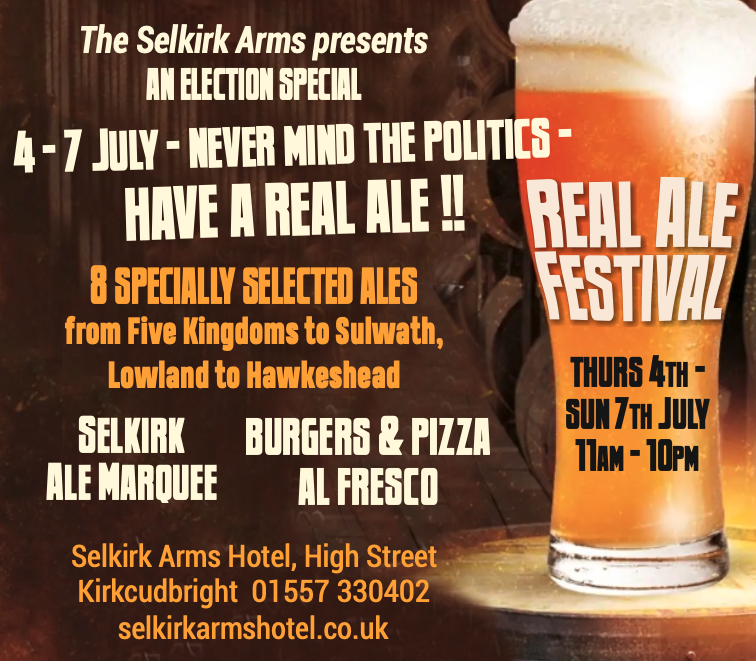 selkirkarms's tweet photo. Never mind the Politics - have a beer - Mini real ale festival 4th - 7th July in the garden and hotel - Just come along and sample some great local and not so local beers. #Kirkcudbright
#scotlandstartshere
#eatscotland
#dumfriesandgalloway https://t.co/hG1FPokmUt