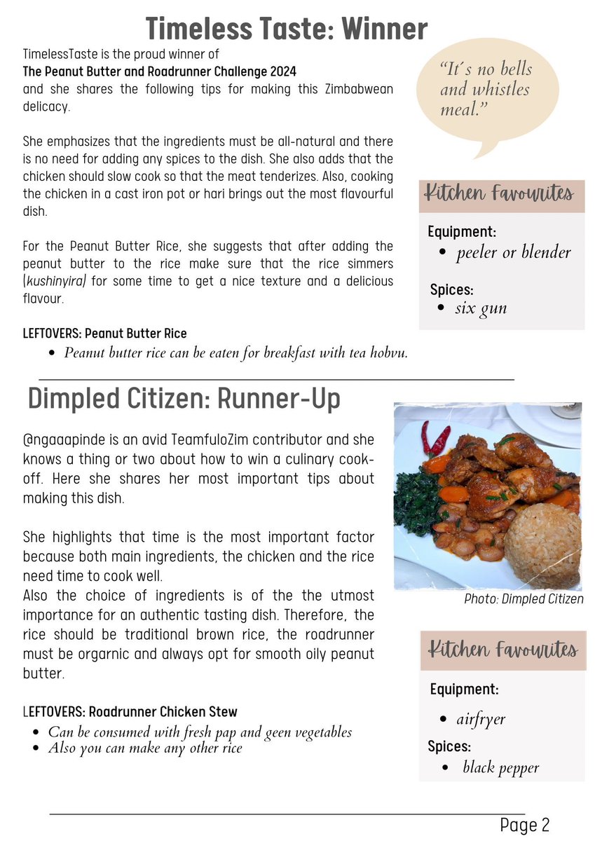TeamFuloZim/Global (@teamfulozim) on Twitter photo 1/2. Our Team Fulo Magazine -WINNERS EDITION VOL. 3 is out.
The TOP 3 in the recently held #PeanutButterRice & #RoadRunnerChicken share their winning recipes and methods.
Here the US$250 winner <a href="/TimelessTaste/">Timeless Taste</a> and US$100 ,2nd placed Dimpi <a href="/ngaapinde/">Mskana wema Dimples ๐ฟ๐ผ</a> share theirs + their 1/2. Our Team Fulo Magazine -WINNERS EDITION VOL. 3 is out.
The TOP 3 in the recently held #PeanutButterRice & #RoadRunnerChicken share their winning recipes and methods.
Here the US$250 winner <a href="/TimelessTaste/">Timeless Taste</a> and US$100 ,2nd placed Dimpi <a href="/ngaapinde/">Mskana wema Dimples ๐ฟ๐ผ</a> share theirs + their