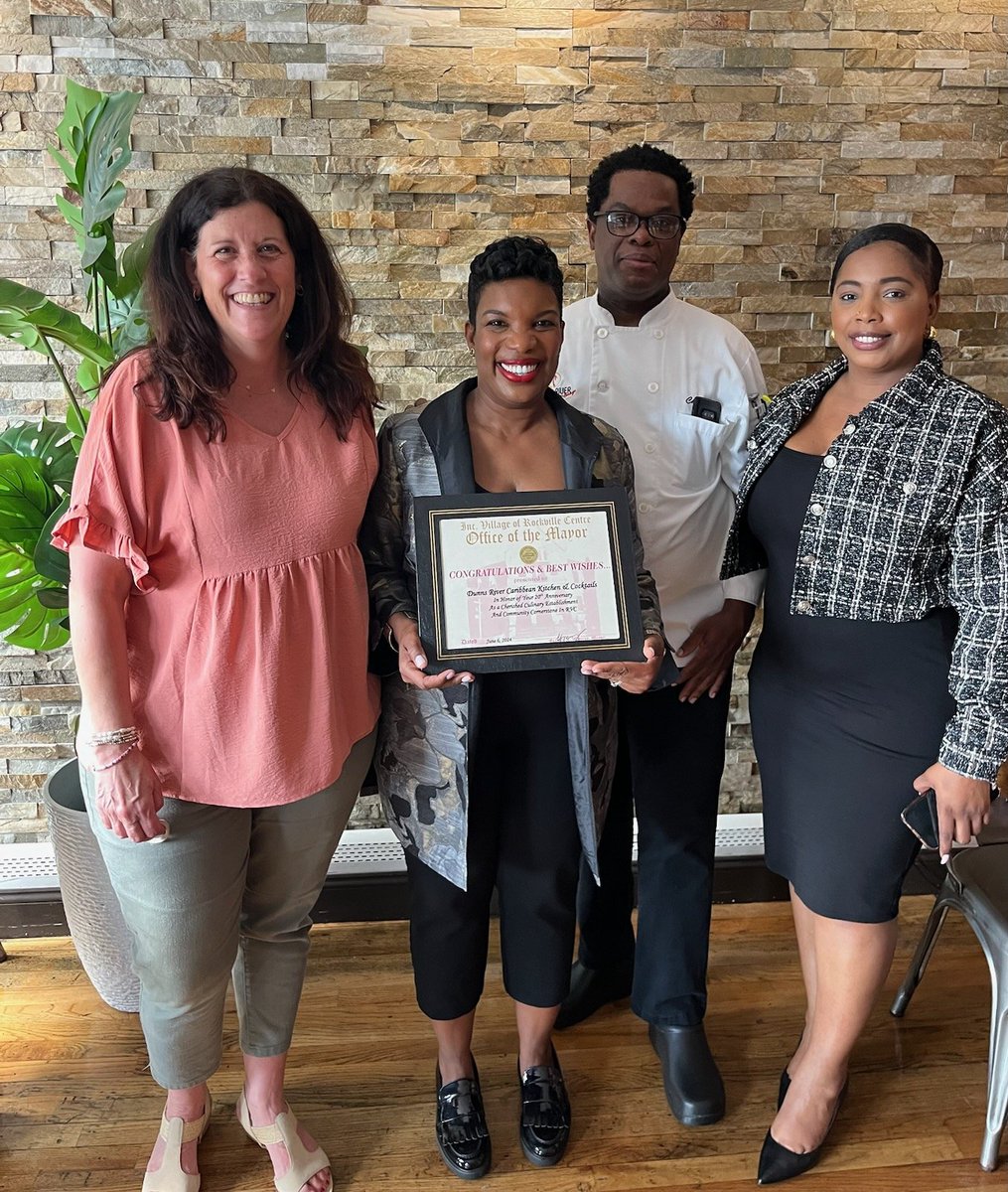 VillageRVC's tweet photo. Deputy Mayor Kathy Baxley joined with Dunns River Caribbean Kitchen &amp; Cocktails to celebrate its 20th anniversary as a cherished culinary establishment and community cornerstone in  Rockville Centre. We wish you continued success and many more wonderful years ahead! #AroundRVC https://t.co/cODV9DfKau
