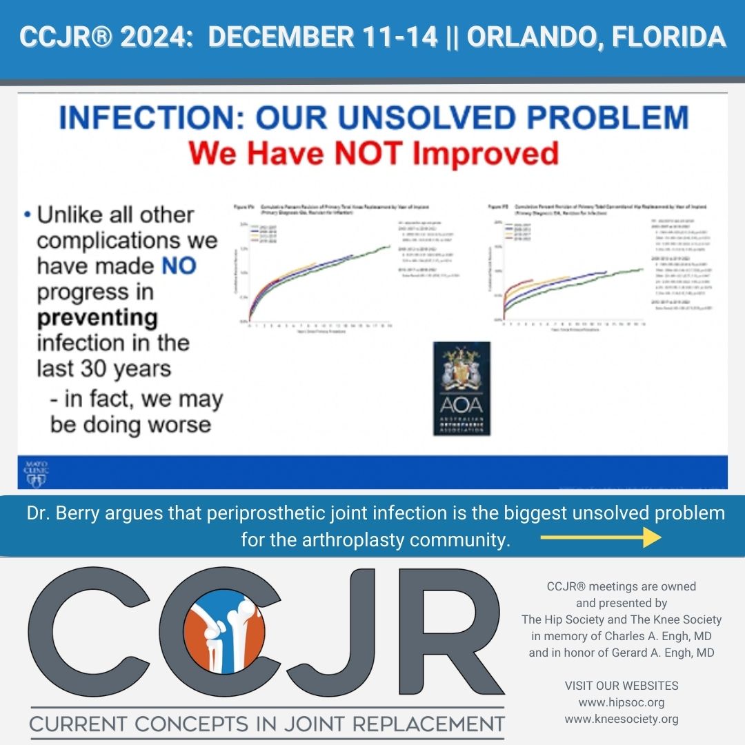 HipSocKneeSoc's tweet photo. #Infection is our biggest unsolved problem. Attend #CCJR to get valuable insights from experts in the field on #PJI and other current topics in #arthroplasty. #CCJR2024 #ThisIsCCJR #currentconcepts #CME #MedEd #TKA #THA #surgeoneducation https://t.co/GGlcwo87vR