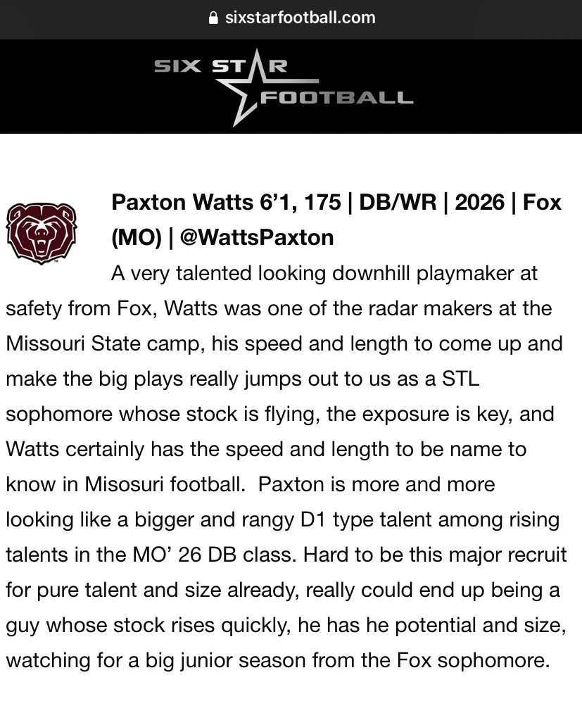 Thanks to <a href="/6starfootballMO/">Six Star Football | MISSOURI</a> <a href="/sixstarfootball/">Six Star Football | PLUS+</a> for the great write-up!

Once again, great camp put on by <a href="/Ry_Beard/">Ryan Beard</a> and @MOStateFootball! Can’t wait to catch a game day this fall!

<a href="/fox_warrior/">Fox Warrior Football</a> <a href="/FoxHSActivities/">Fox High School Activities</a> <a href="/PrepRedzoneMO/">Prep Redzone Missouri</a>