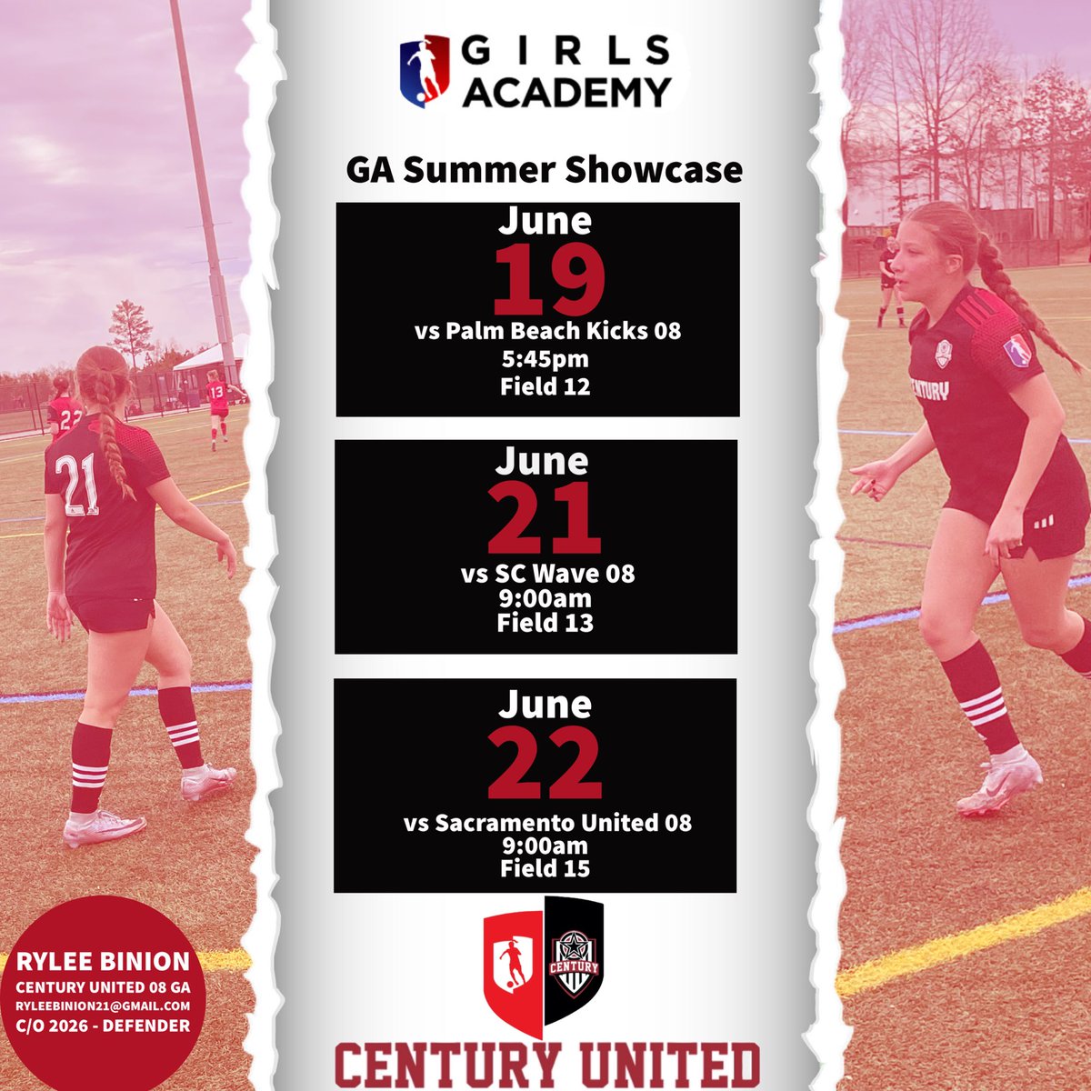 So excited for the <a href="/GAcademyLeague/">Girls Academy</a> Summer Showcase next week in Norco, CA!! 

Here is our schedule. Come check me and my <a href="/Century08GA/">Century 2008 GA</a> teammates out!❤️🖤

<a href="/CoachEMarshall/">Erica Marshall</a> <a href="/Century_Utd/">Century United</a> <a href="/TopDrawerSoccer/">TopDrawerSoccer</a> <a href="/TheSoccerWire/">SoccerWire</a> <a href="/ImYouthSoccer/">ECNL/GA/Recruiting/College Soccer</a> <a href="/ImCollegeSoccer/">College Soccer Truth ™</a>