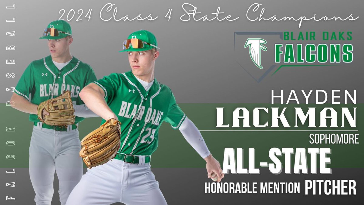 The recognition keeps coming! Congratulations to Sophomore, @HaydxnItz, on being selected for an Honorable Mention Pitcher on the Class 4 ALL-STATE TEAM! 

We are extremely proud of you and wish you continued success on and off the field. 

#WeAreBlairOaks #falconfinalfour