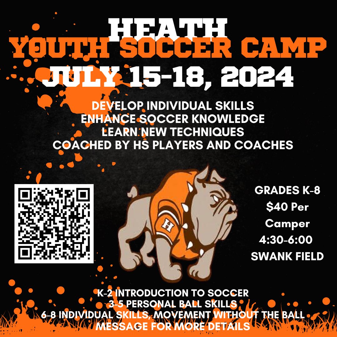 WANT TO BE  UNSTOPPABLE?! Gain skills and knowledge at Heath Youth Soccer Camp. Registration is now live. Open to players in grades K-8 from any school. Message for more details! ⚽️🐾🧡