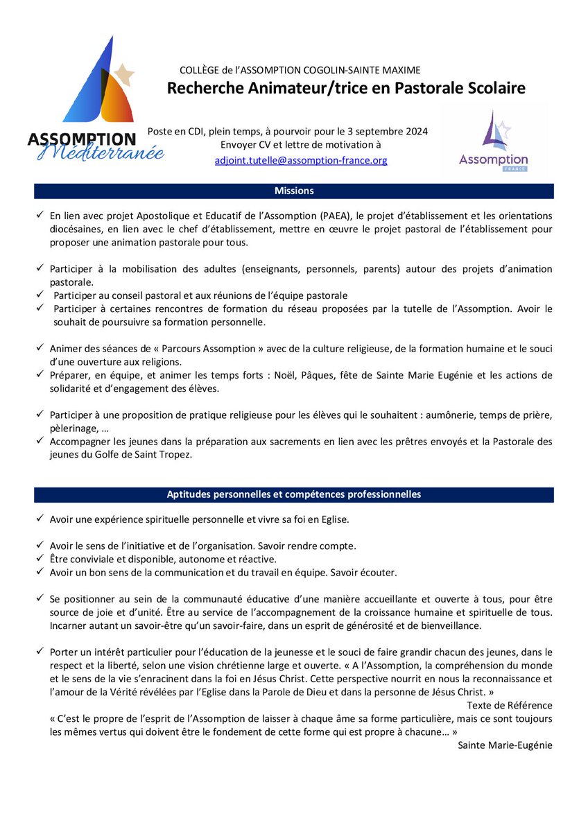 Le collège #Assomption Méditerranée (Cogolin &amp; Ste Maxime 83) recherche son Animateur/trice en Pastorale Scolaire - CDI - pour la prochaine rentrée de septembre 2024.
Tutelle des Religieuses de l'Assomption
<a href="/DioceseToulon/">Diocèse de Fréjus-Toulon</a> 
<a href="/Apelnationale/">Mouvement des Apel</a>
