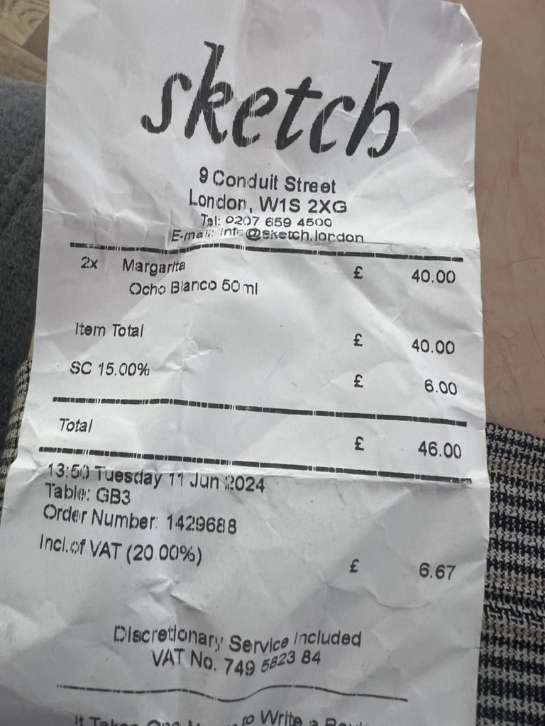 Maxlovell's tweet photo. Just been charged £46 (forty-six pounds) for two (2) drinks in Sketch. Admittedly cocktails but…electric chair now! https://t.co/k2T90rtRkD