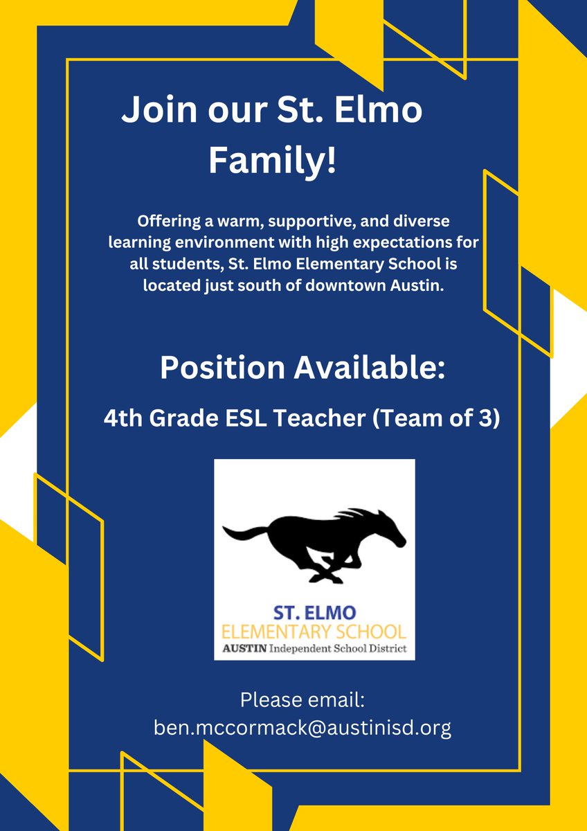 Our 24-25 <a href="/StElmoMustangs/">St. Elmo Elementary</a> teaching family is almost complete. Are you ready to help us fill one more key role? We are looking for a dynamic, dedicated, kids-first leader! Come join us! <a href="/WeAreAISD/">Austin ISD Office of Talent Strategy</a> <a href="/AISDElementary/">@AISDElementaryProud</a>