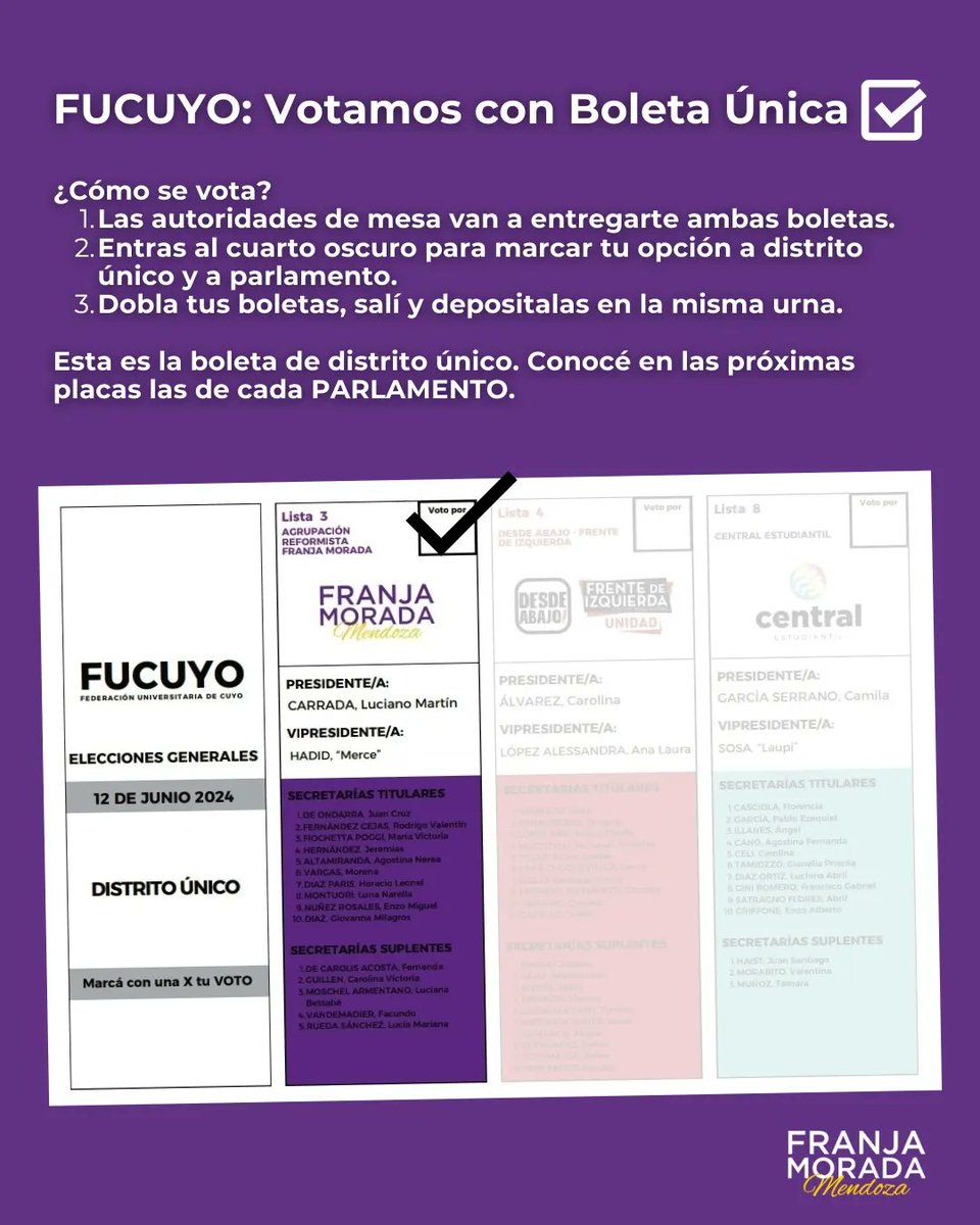 FranjaMendoza's tweet photo. En la FUCUYO votá a los que #ElegimosEstar 💜✨️

Estos años hemos logrado mucho. Te pedimos que nos acompañes en Distrito Único y en Parlamento para seguir transformando la Universidad Pública 🫂 https://t.co/VB4Wn7cpk9