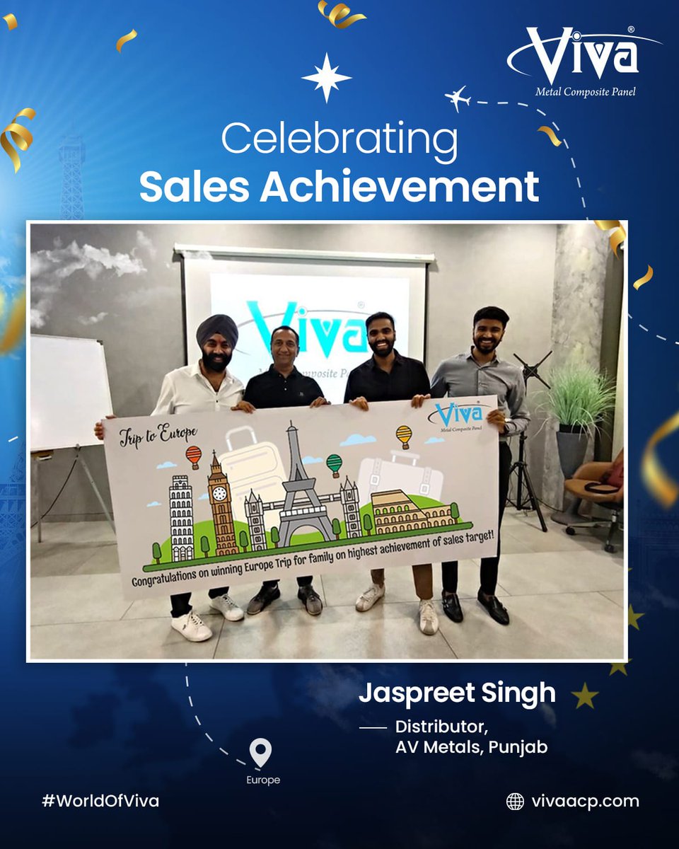 Vivaacp's tweet photo. Congratulations to Jaspreet Singh from AV Metals in Punjab for achieving his sales targets and earning a trip to Europe!
His dedication has made him a standout. Here's to more successes ahead!
#vivaacps #reward #europetrip #falicitation #emoployeededication https://t.co/ynVam6CWHL
