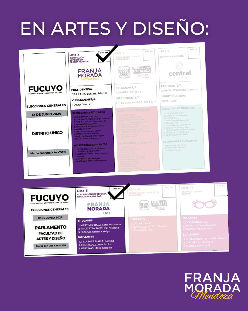 FranjaMendoza's tweet photo. Así serán las #BoletasÚnicas de la @fadfranjamorada, @FranjaMoradaFyL y @FM_Educacion para la FUCUYO 💜

📍Recordá que podes votar de 8.30 a 20.30 hs. con tu DNI, Pasaporte o app MiArgentina. https://t.co/KUOQG8AOL1