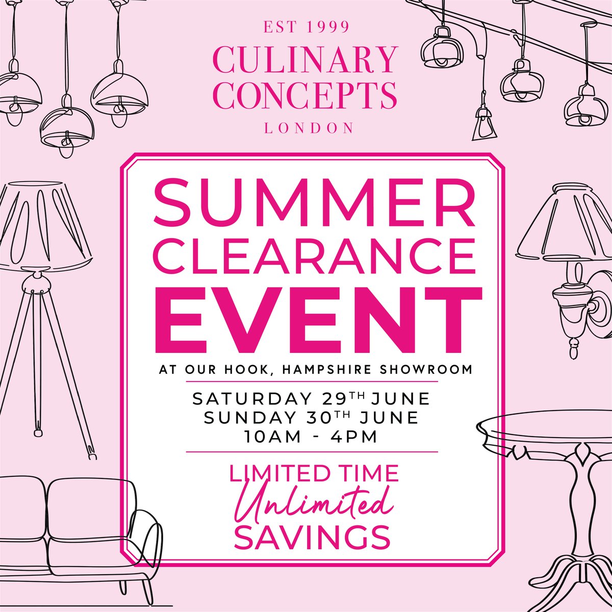 Join us for our Summer Clearance Event at our Hook Hampshire Showroom on Saturday 29th and Sunday 30th June: 10am - 4pm. culinaryconcepts.co.uk/showroom
