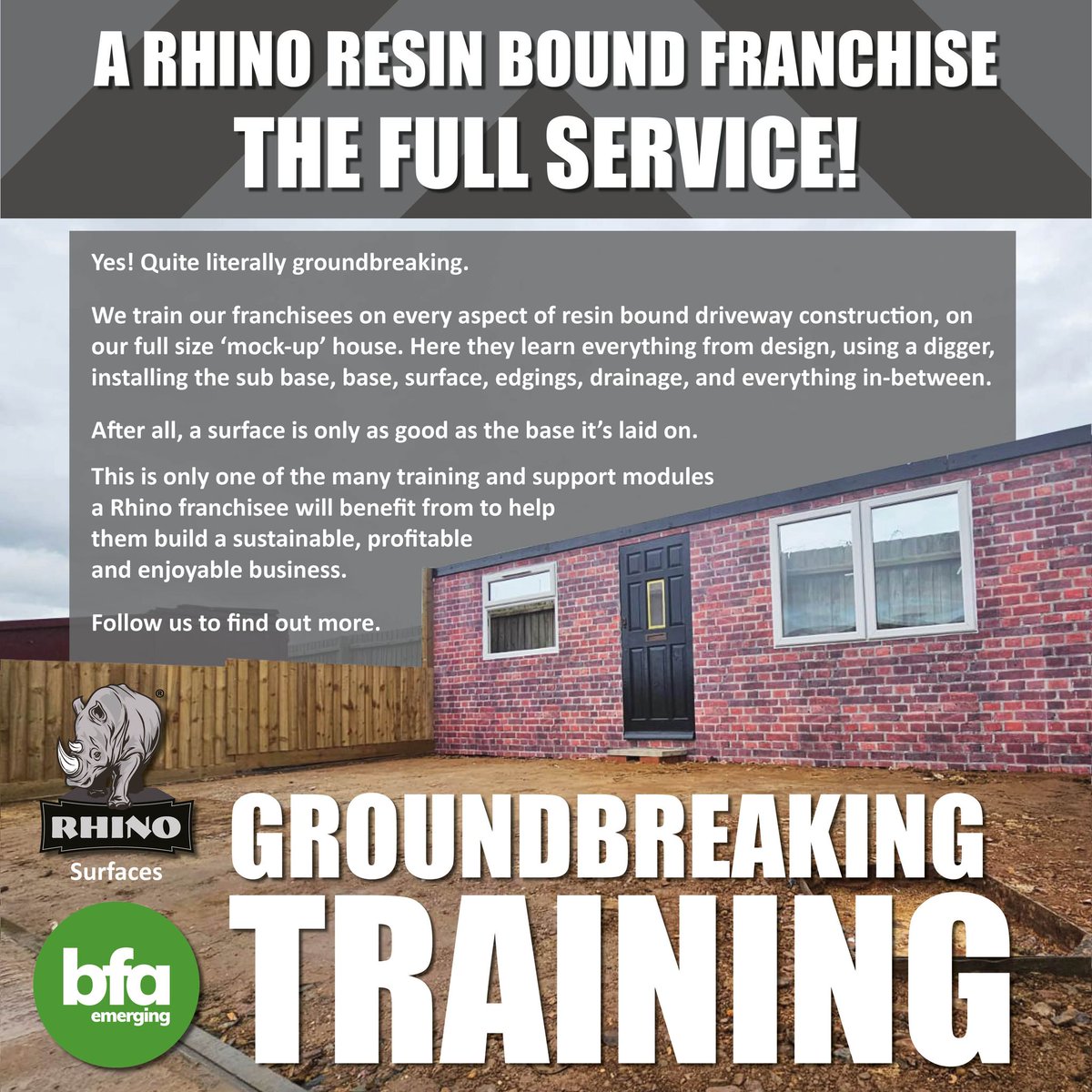 We train our franchisees on every aspect of resin-bound driveway construction, from design, using a digger, installing the bases, surface, edgings, drainage, and more!

Choose Rhino and Discover Innovation: rhinosurfaces.co.uk/own-a-franchis… 

#Franchise #franchise #franchising #bfa