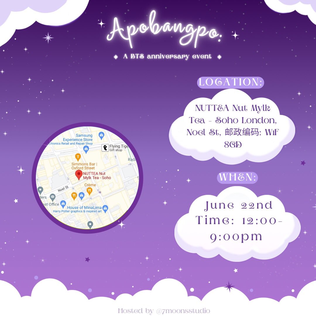 7moonsstudio's tweet photo. ﾟ:* ✧Apobangpo ✧･ﾟ: *

- a cupsleeve event celebrating 11 yrs with Bangtan!!! 💜

📍 NUTTEA Nut Mylk Tea - Soho London, Noel St, 邮政编码,W1F 8GD

🗓️  22nd of June 2024

🕚 day 1: 12:00pm - 9:00pm

MORE INFO IN THE THREAD ⬇️ https://t.co/XewT7aEpJm