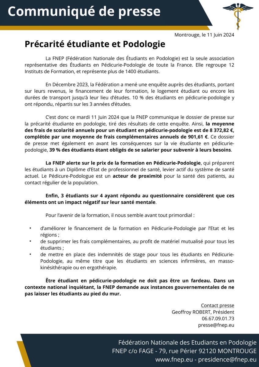 [COMMUNIQUE DE PRESSE]

Aujourd'hui, la FNEP présente son enquête sur la précarité étudiante. Des chiffres qui sont inquiétant, à retrouver dans notre dossier de presse en bio

Ensemble, on peut changer les choses ✊

#Aupiedumur 

<a href="/CNal_OPP/">Ordre national des pédicures-podologues</a> <a href="/podologues/">FNP</a>